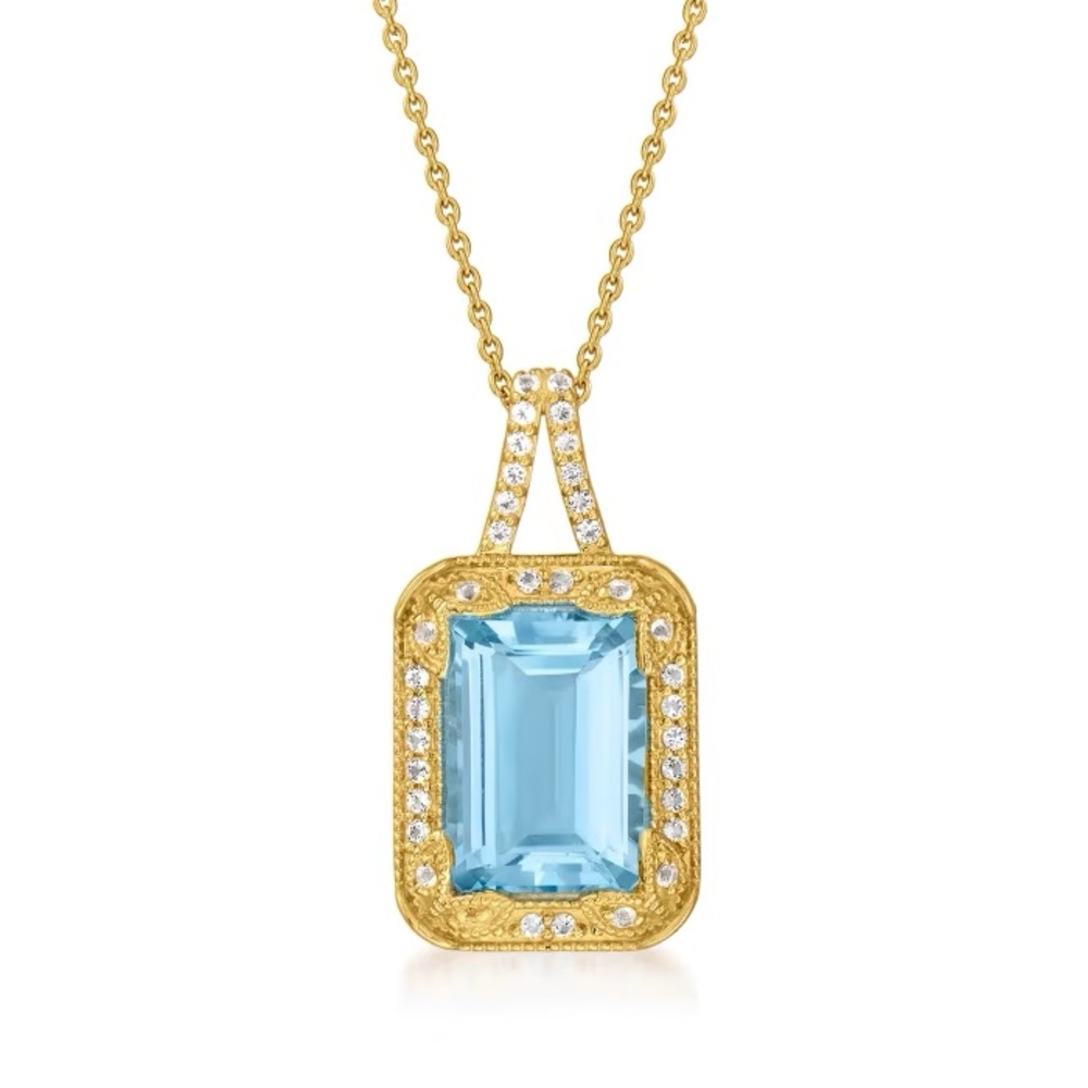 8Carat Blue Topaz Pendant w/.30 ct tw White Topaz in 18ktGold Over Sterling. 18"